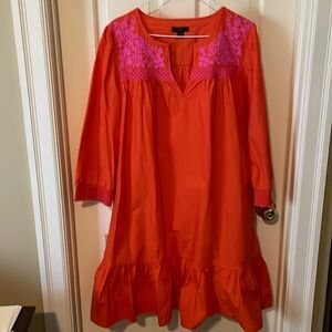 J. Crew Floral Embroidered Three Quarter Ruffle Popover Midi Dress Orange Pink